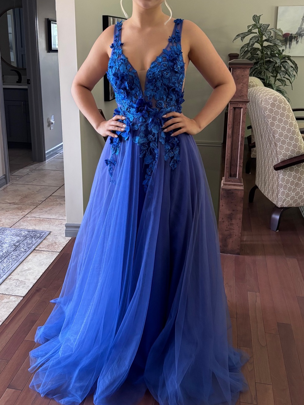 Azure Blue Floral Applique Tulle Prom Dress